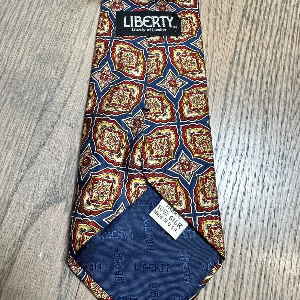 Vtg LIBERTY‎ of London Silk Tie Floral Medallion Navy Red Gold Mens Necktie